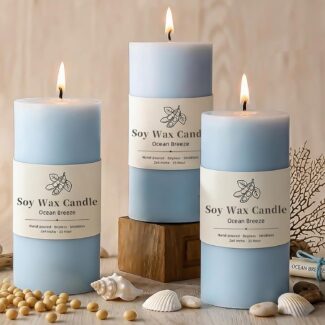 Scented Soy Pillar Candles, 3 Pack Blue Ocean Pillar Candle